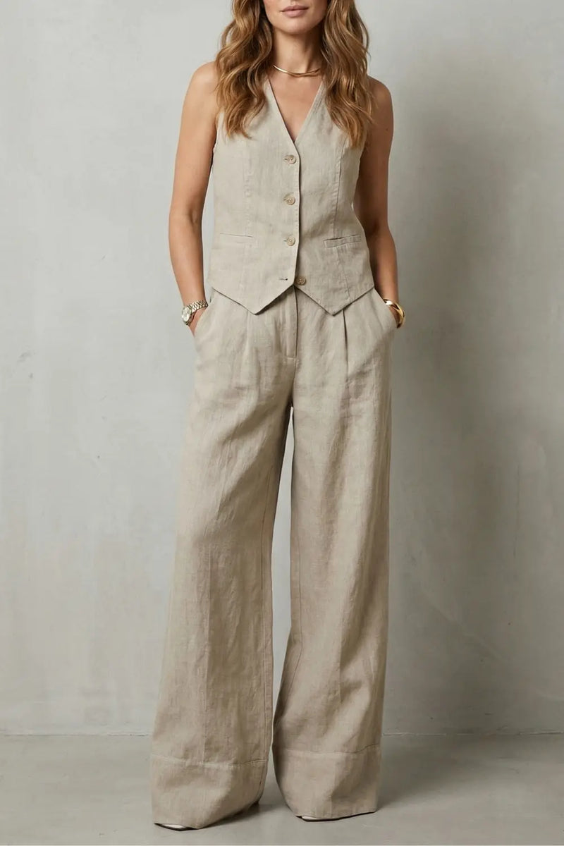 Fiora Ensemble Gilet et Pantalon Large, Col en V, Boutonné Devant, Coupe Ajustée pour Femme - Beige