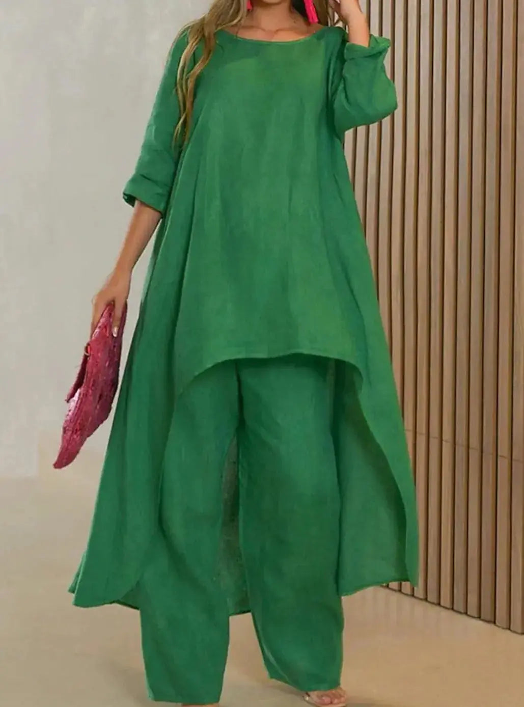 Rosamund Ensemble Deux Pièces Décontracté, Manches Longues, Ourlet Asymétrique pour Femme - Vert