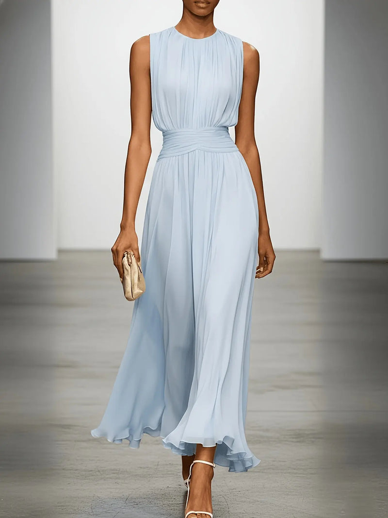 Arabella Robe Maxi Plissée Invitée de Mariage, Taille Froncée pour Femme - Bleu Clair