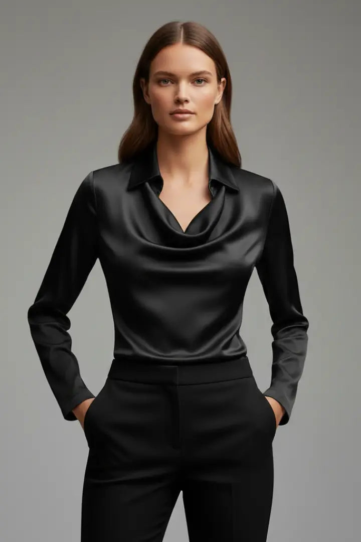 Calla Blouse en Satin, Col Drapé, Manches Longues pour Femme - Noir