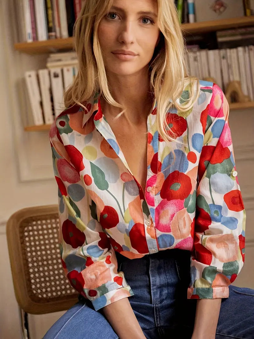 Clara Blouse Fleurie Boutonnée, Manches Longues pour Femme - Multicolore