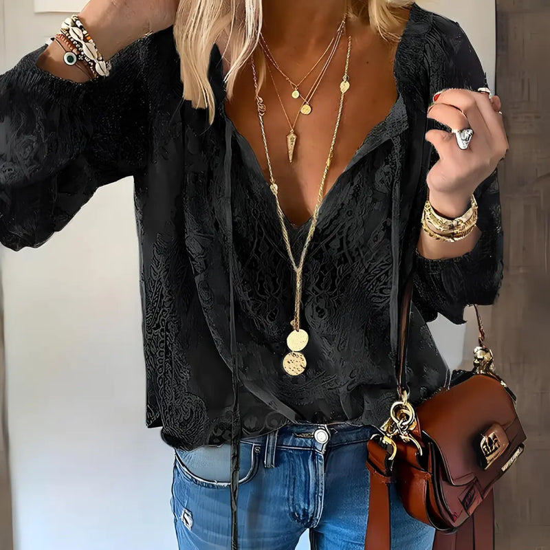 Verda Blouse Bohème en Dentelle, Manches Longues pour Femme - Noir