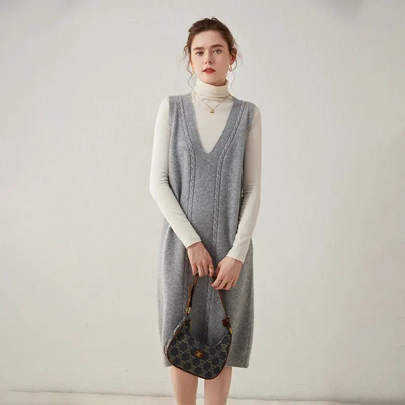 Genevra Robe Midi en Cachemire, Col en V, Maille Torsadée, Sans Manches pour Femme - Gris
