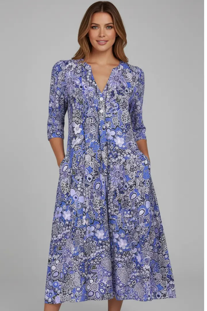 Maren Robe Midi Col en V, Manches Trois-Quarts, Imprimé Intégral pour Femme - Bleu