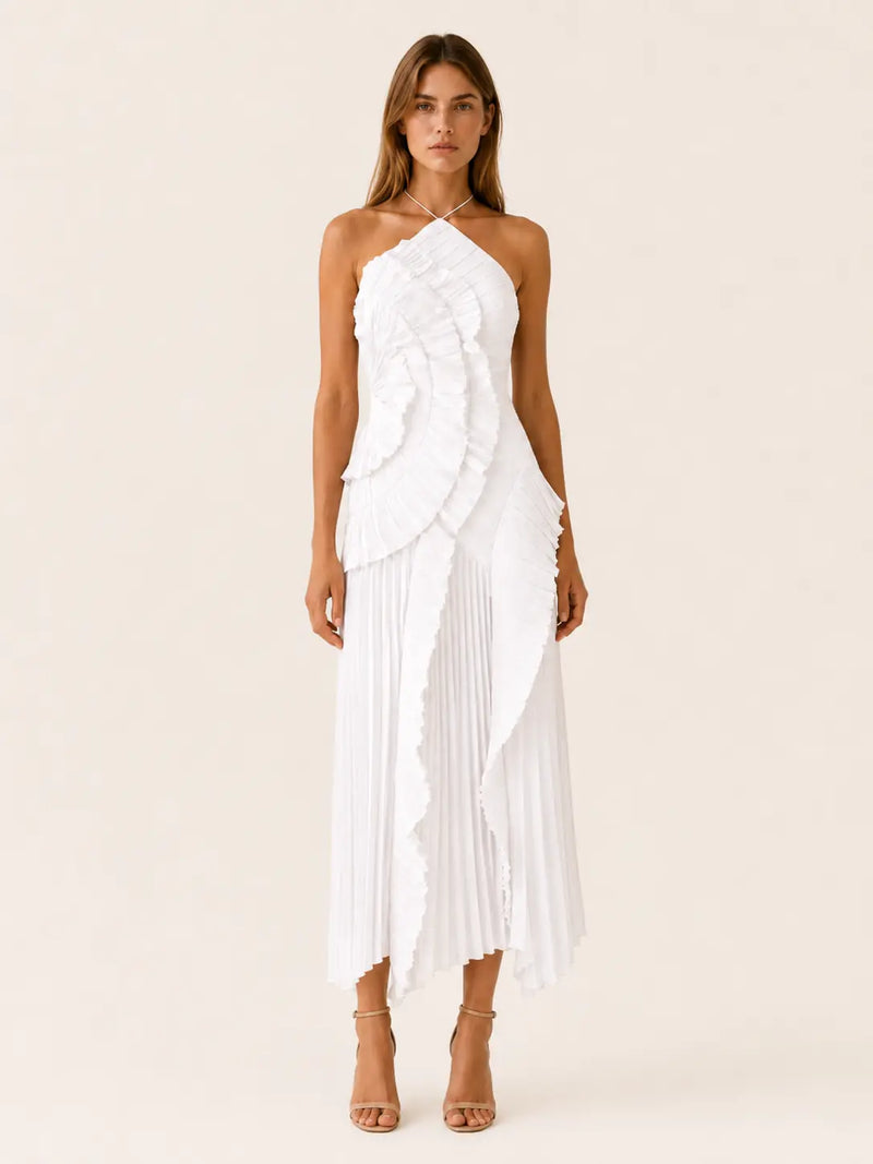 Noor Robe Maxi Col Halter, Volants Plissés, Ourlet Asymétrique, Style Fête, Rose pour Femme - Blanc