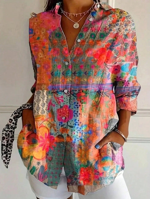 Abigail Blouse Fleurie Colorée, Boutonnée Devant pour Femme - Orange