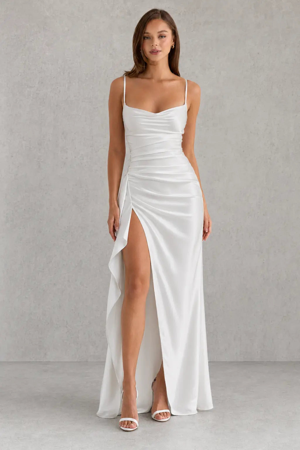 Calantha Robe de Soirée Maxi en Satin, Drapée, Fente pour Femme - Blanc