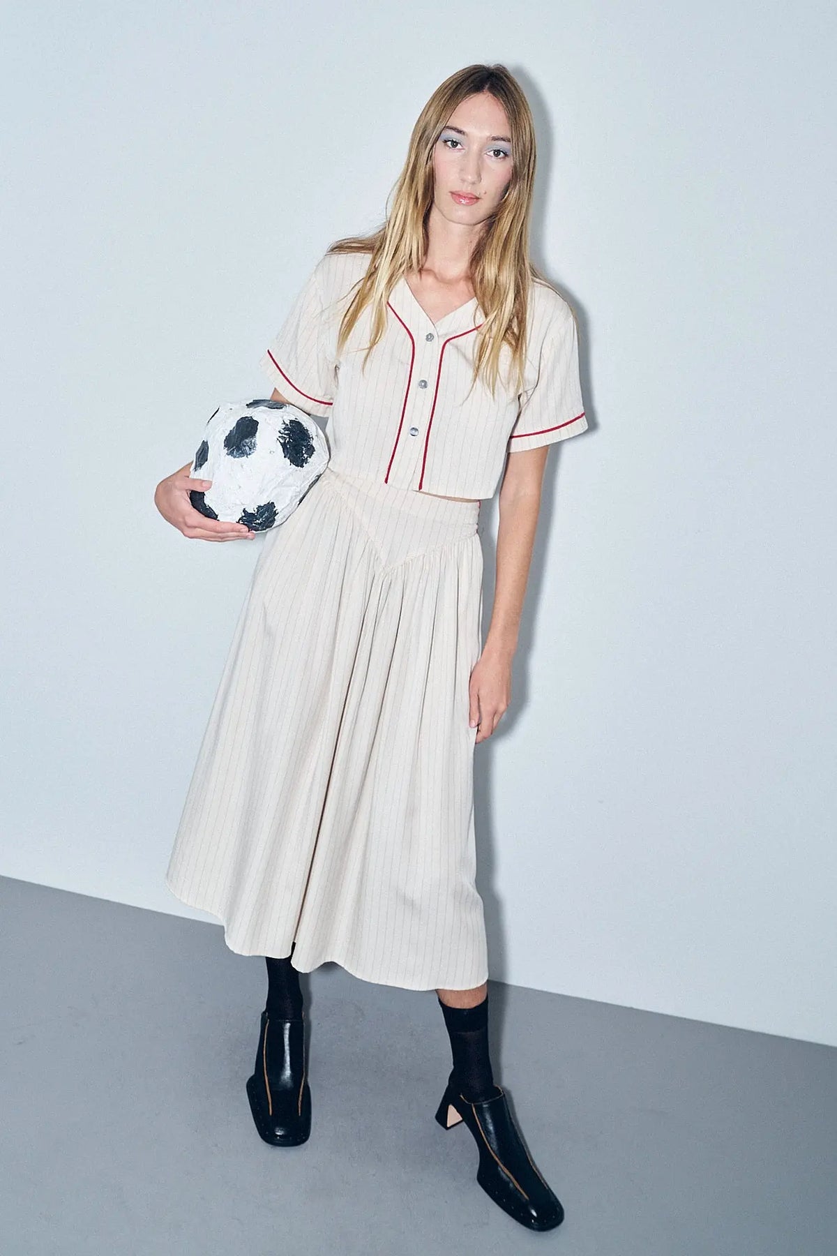 Ismay Jupe Rayée Style Baseball en Tencel, Crème pour Femme - Rayé Baseball