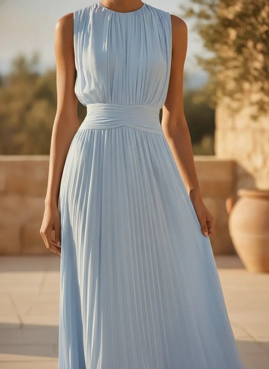 Arabella Robe Maxi Plissée Invitée de Mariage, Taille Froncée pour Femme - Bleu Clair