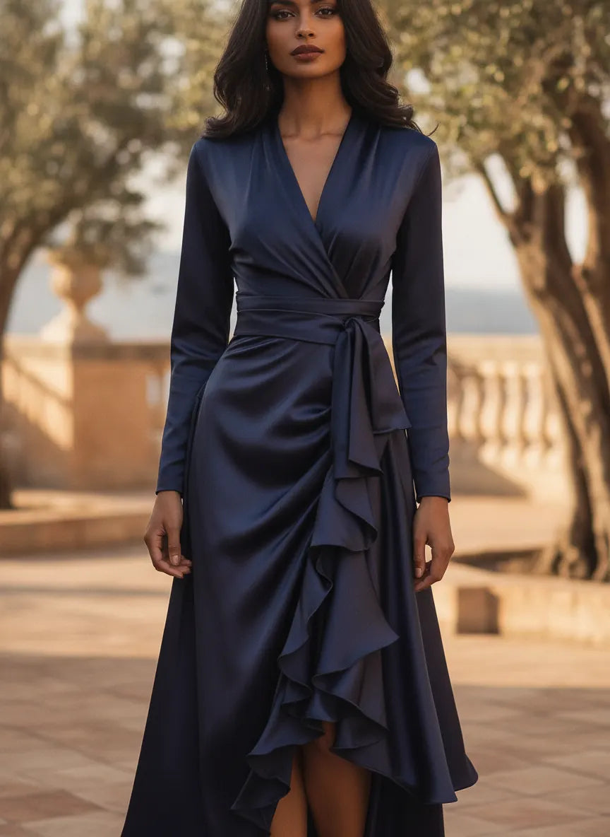 Mirabelle Robe Maxi en Satin Plissée, Détails à Volants pour Femme - Bleu Marine