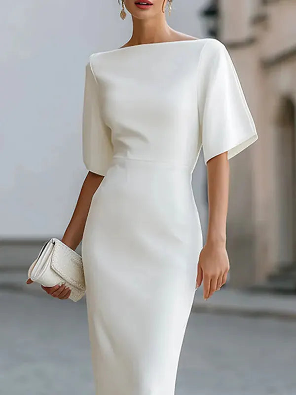 Ambretta Robe Midi Ajustée, Col Bateau, Manches à Volants pour Femme - Blanc