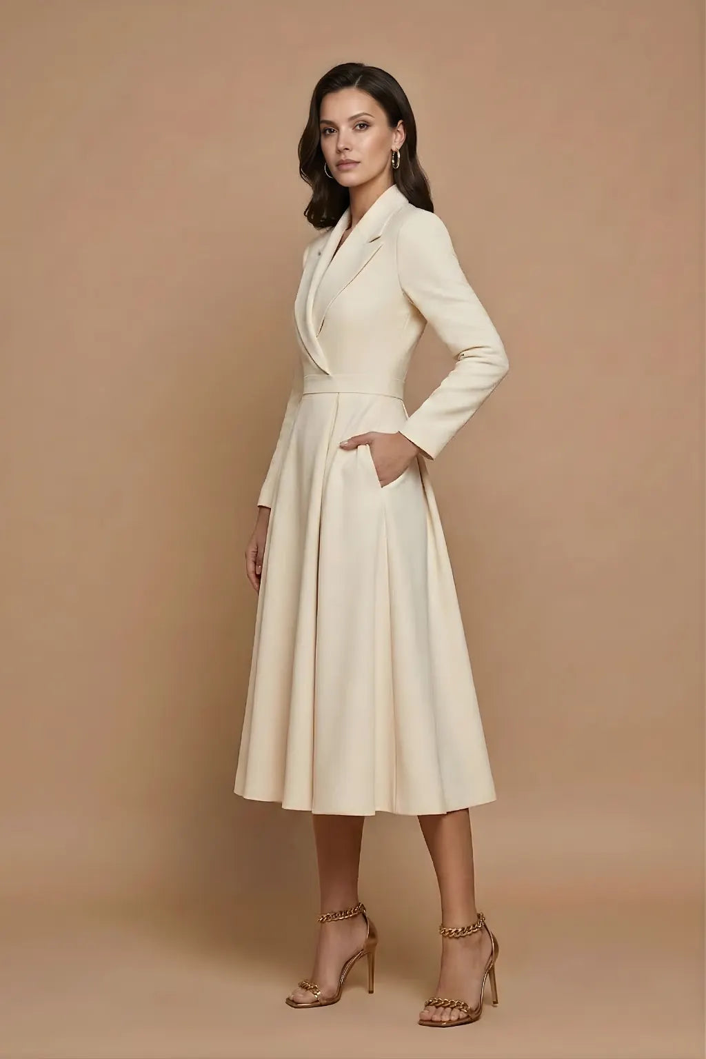 Fiorella Robe Midi Trapèze, Col Cranté, Jupe Plissée Ample pour Femme - Beige