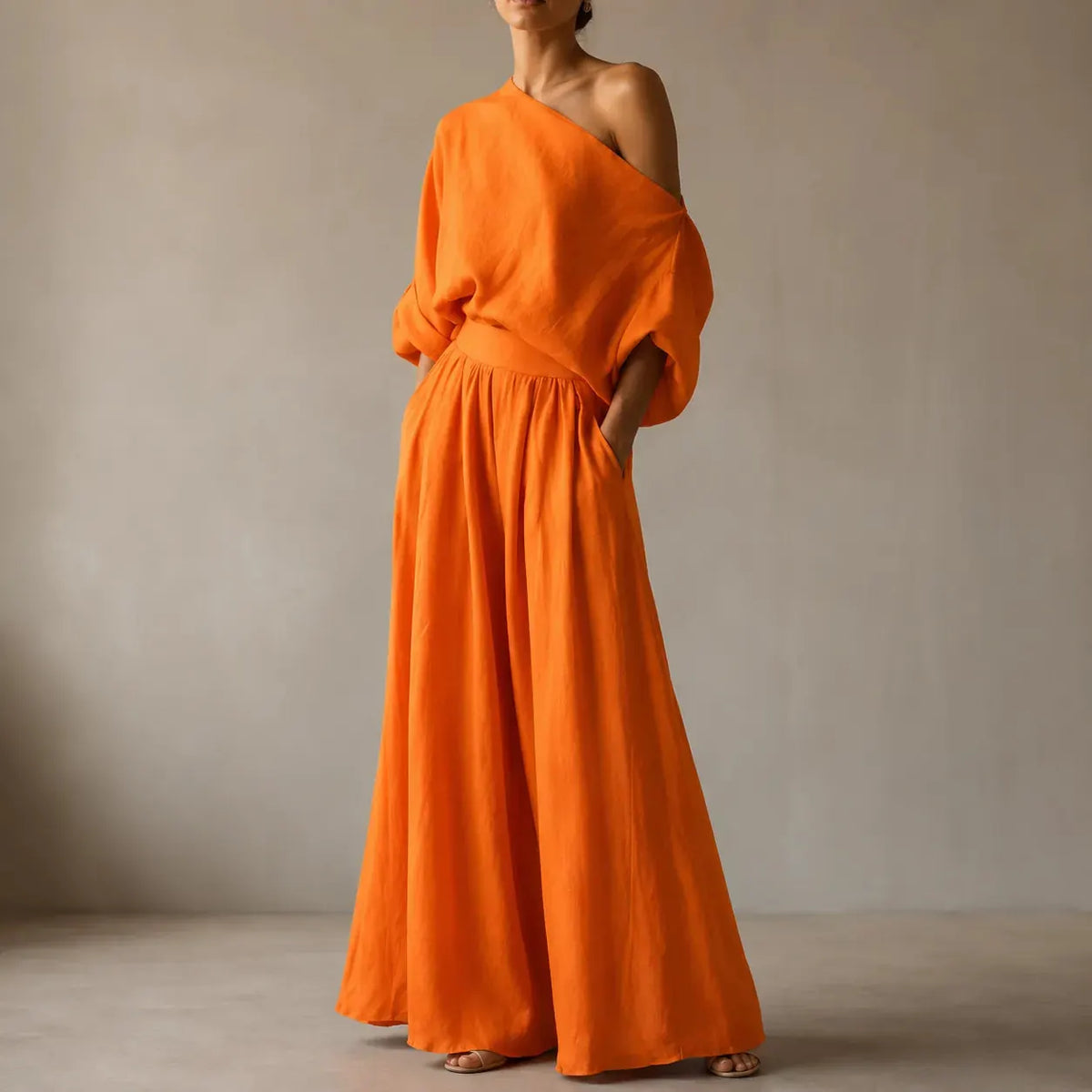 Solendra Ensemble Coordonné Haut Asymétrique et Pantalon Large Fluide pour Femme - Orange Vif