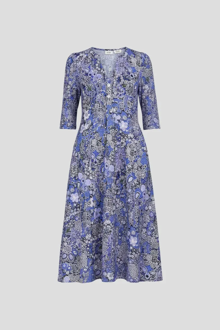 Maren Robe Midi Col en V, Manches Trois-Quarts, Imprimé Intégral pour Femme - Bleu