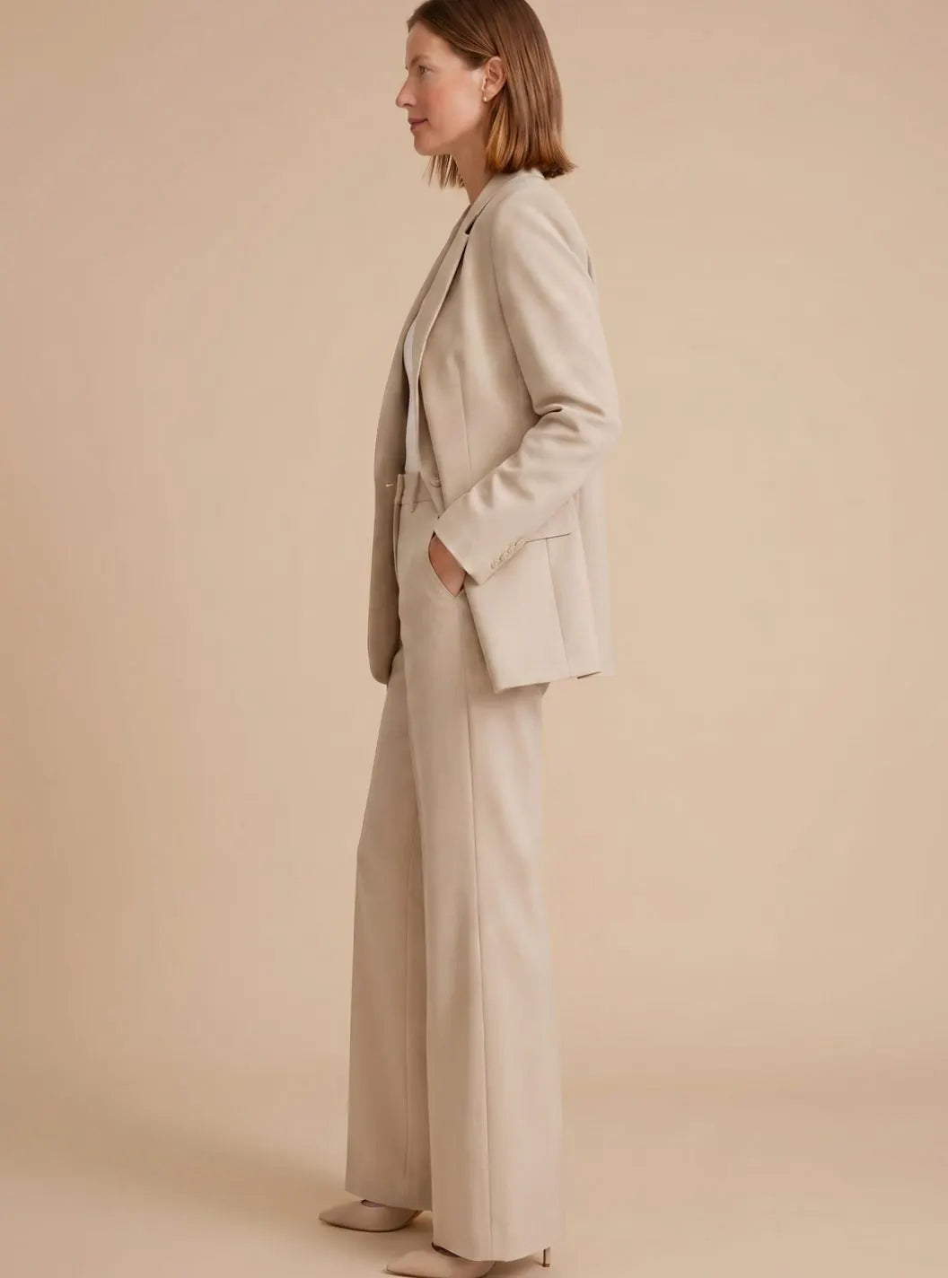 Palma Ensemble Blazer à Bouton Unique et Pantalon Large Évasé pour Femme - Beige