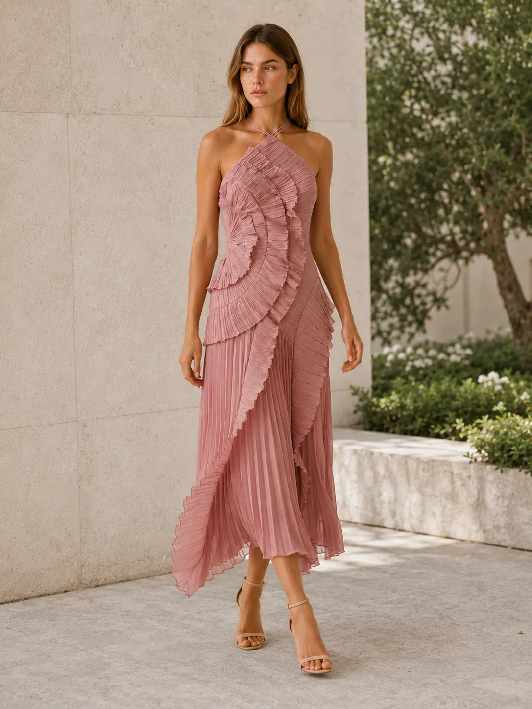 Noor Robe Maxi Col Halter, Volants Plissés, Ourlet Asymétrique, Style Fête, Rose pour Femme - Rose
