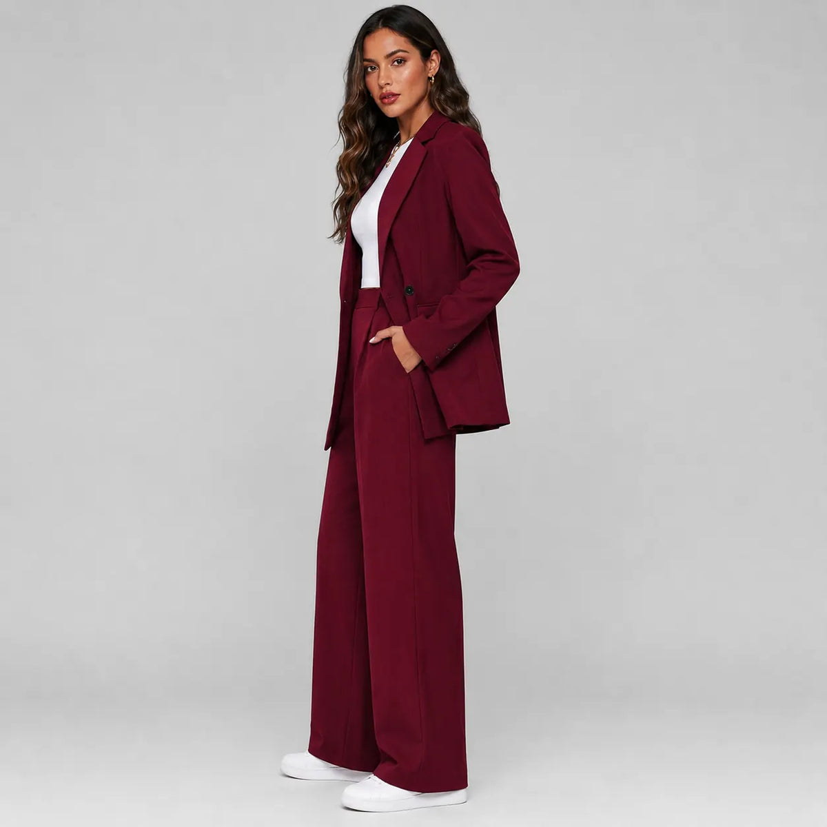 Rosalind Tailleur Blazer Long et Pantalon Large pour Femme - Rouge Foncé