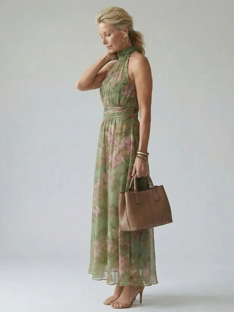 Taliesin Robe Midi Col Halter Fleurie, Style Garden Party d'Été pour Femme - Vert Sauge