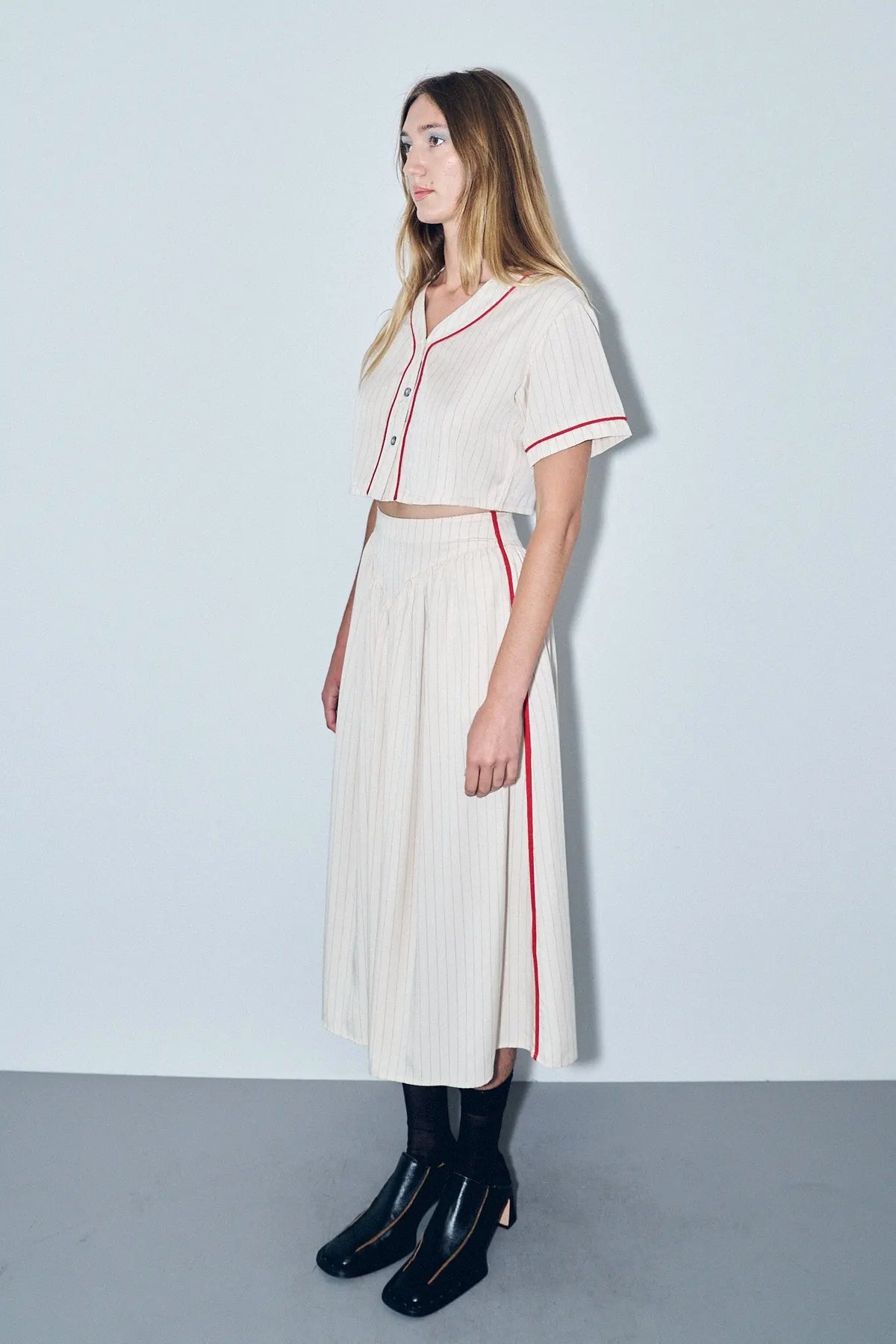 Ismay Jupe Rayée Style Baseball en Tencel, Crème pour Femme - Rayé Baseball