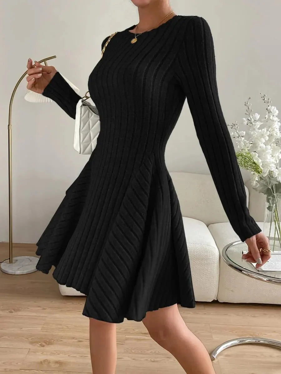 Salome Robe Mini Col Rond, Manches Longues, Détail Côtelé, Style Dîner pour Femme - Noir