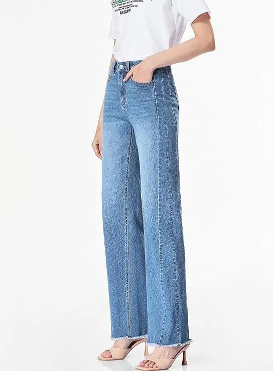 Seraphine Jean Large Taille Haute, Denim Stretch, Coupe Décontractée pour Femme - Bleu