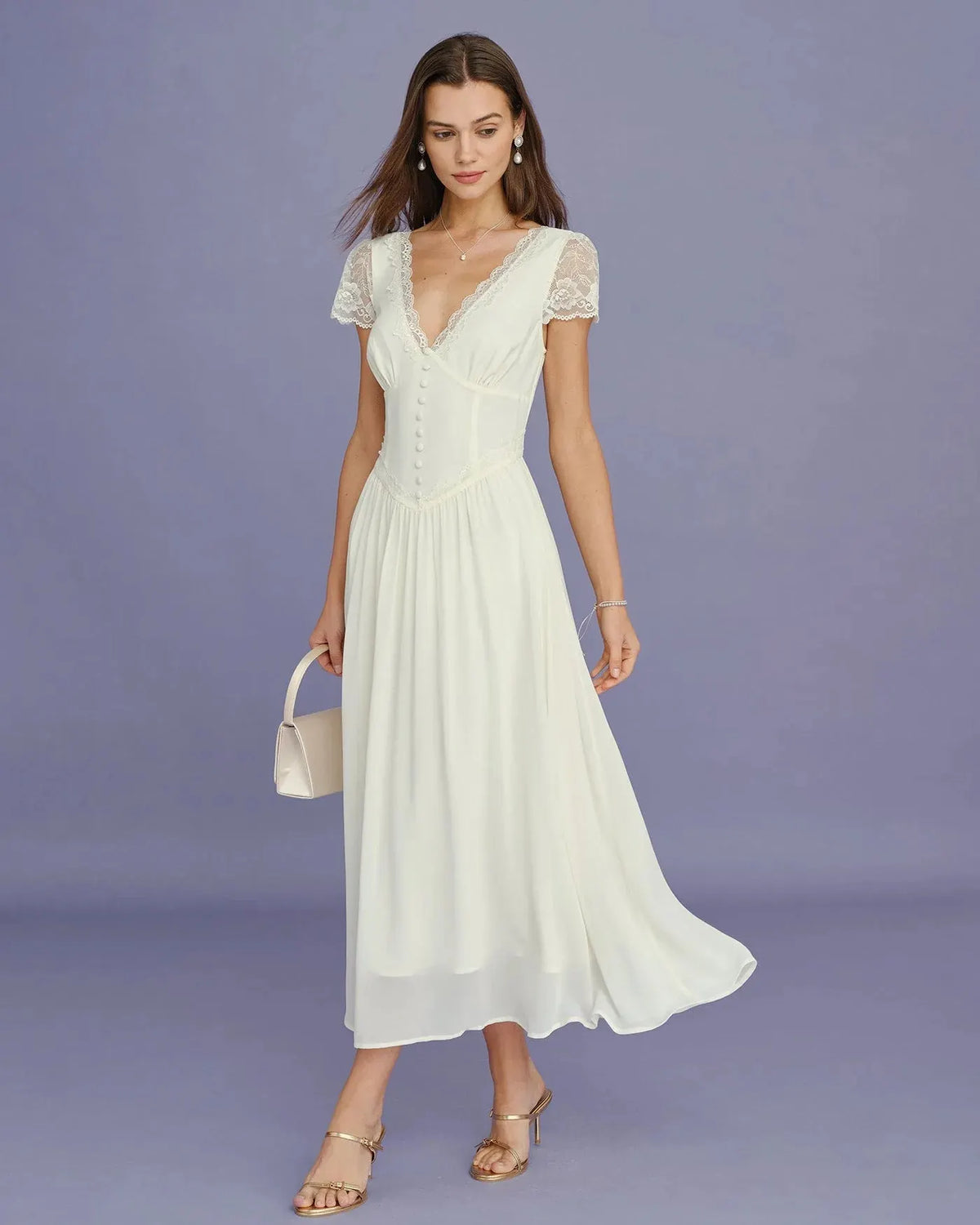 Ariadne Robe Midi en Dentelle à Manches pour Femme - Ivoire