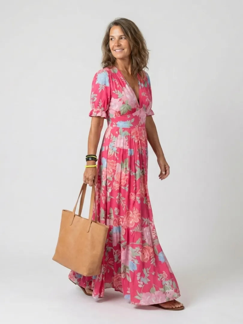 Adelisse Robe Maxi Plissée à Imprimé Fleuri pour Femme - Rose