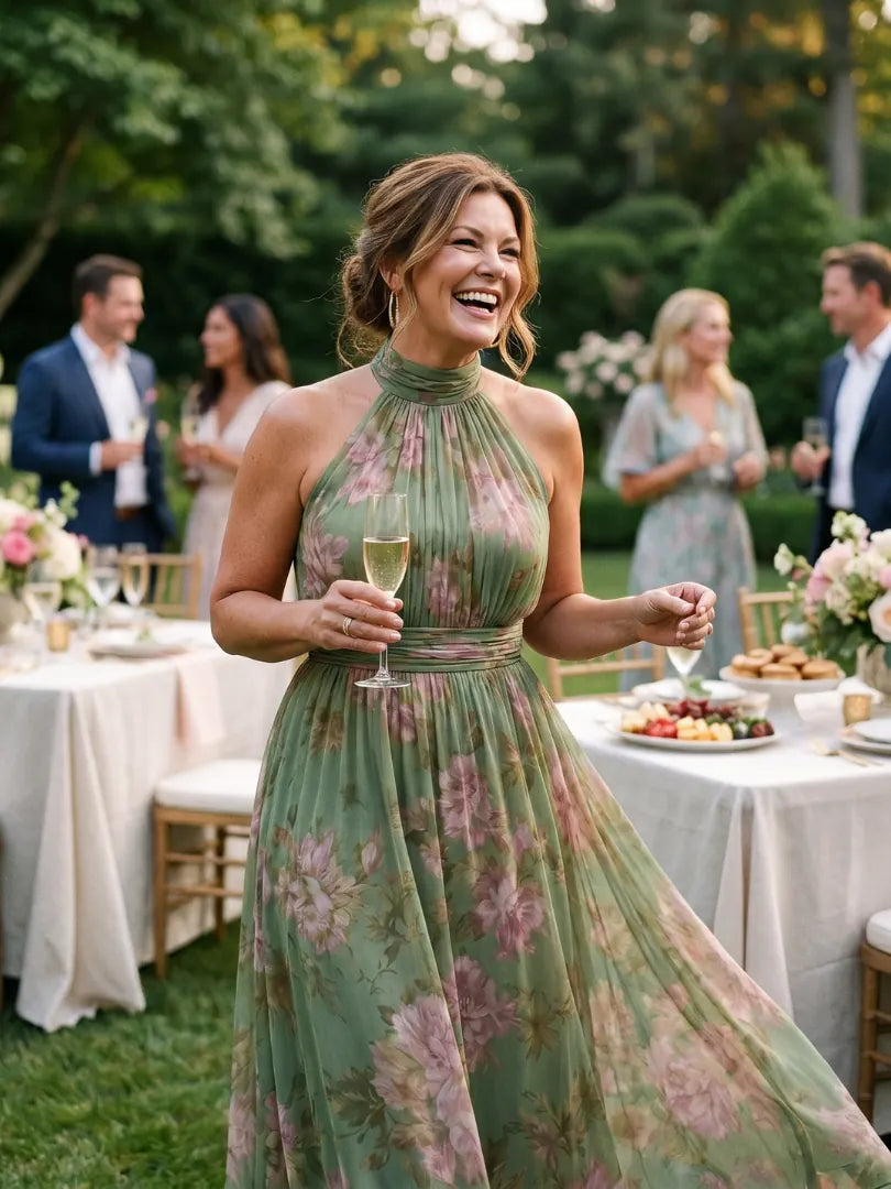 Taliesin Robe Midi Col Halter Fleurie, Style Garden Party d'Été pour Femme - Vert Sauge