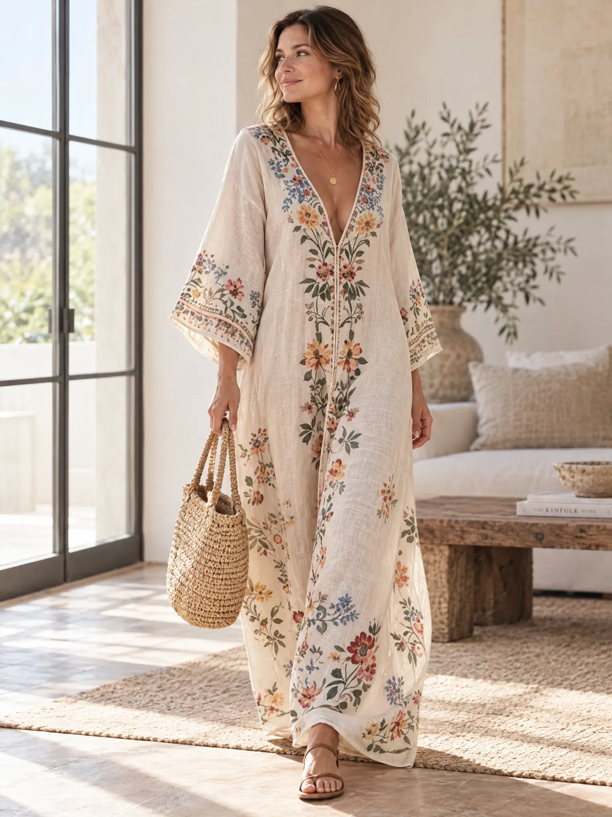 Arden Robe Kaftan à Imprimé Fleuri, Col en V pour Femme - Beige