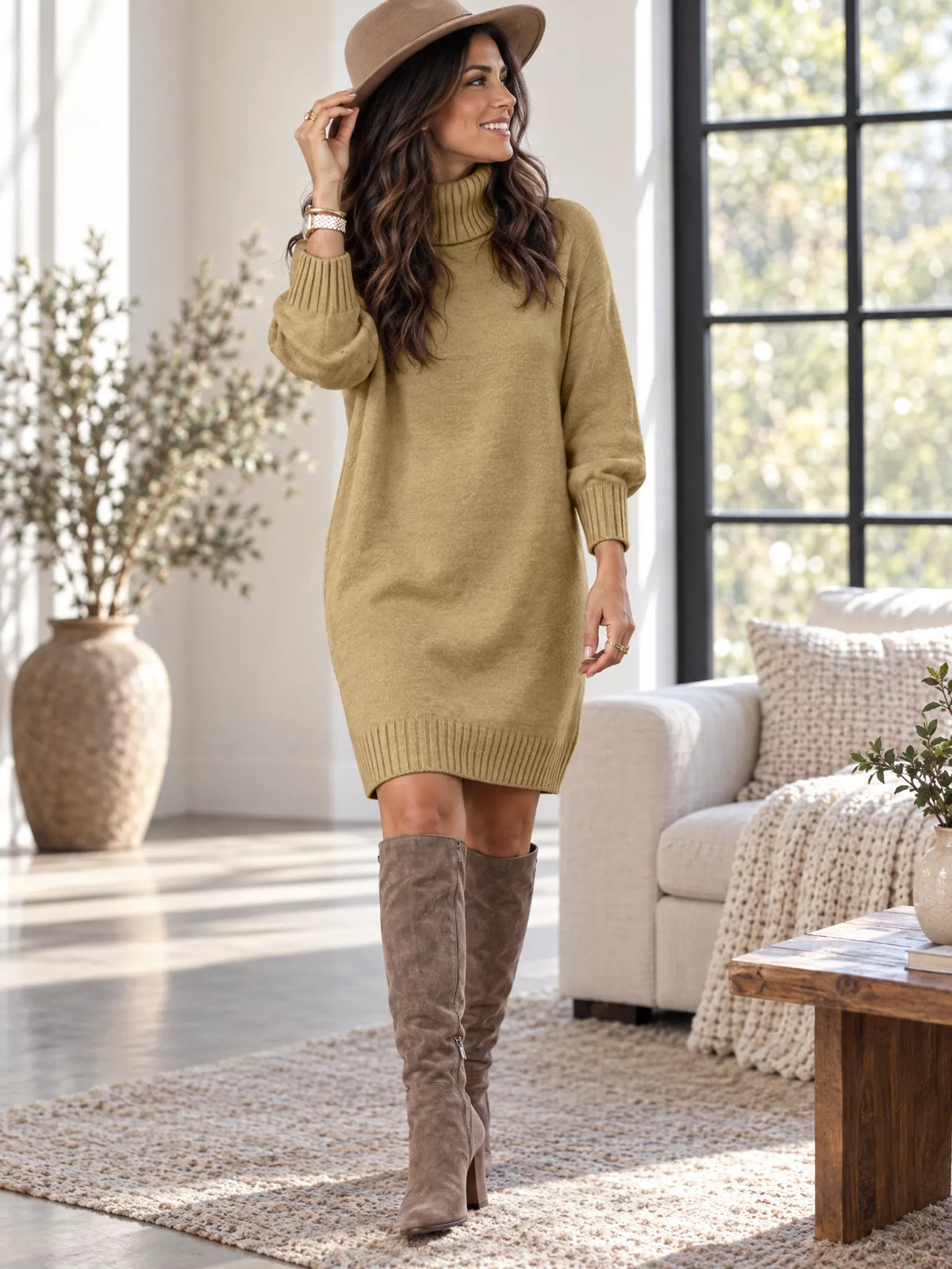 Isla Robe Pull Col Roulé, Douce et Élégante pour la Saison pour Femme - Kaki