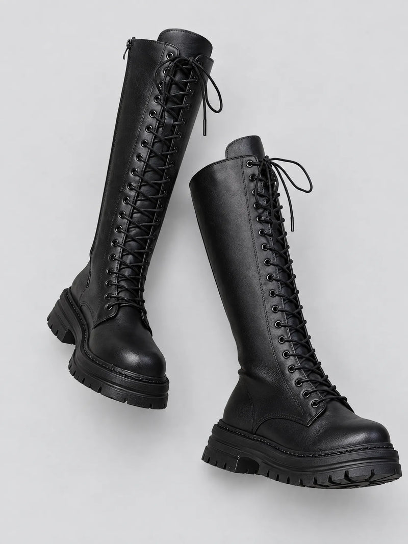 Macy Bottes Montantes Plateforme à Lacets, Style Combat, Semelle Épaisse pour Femme - Noir