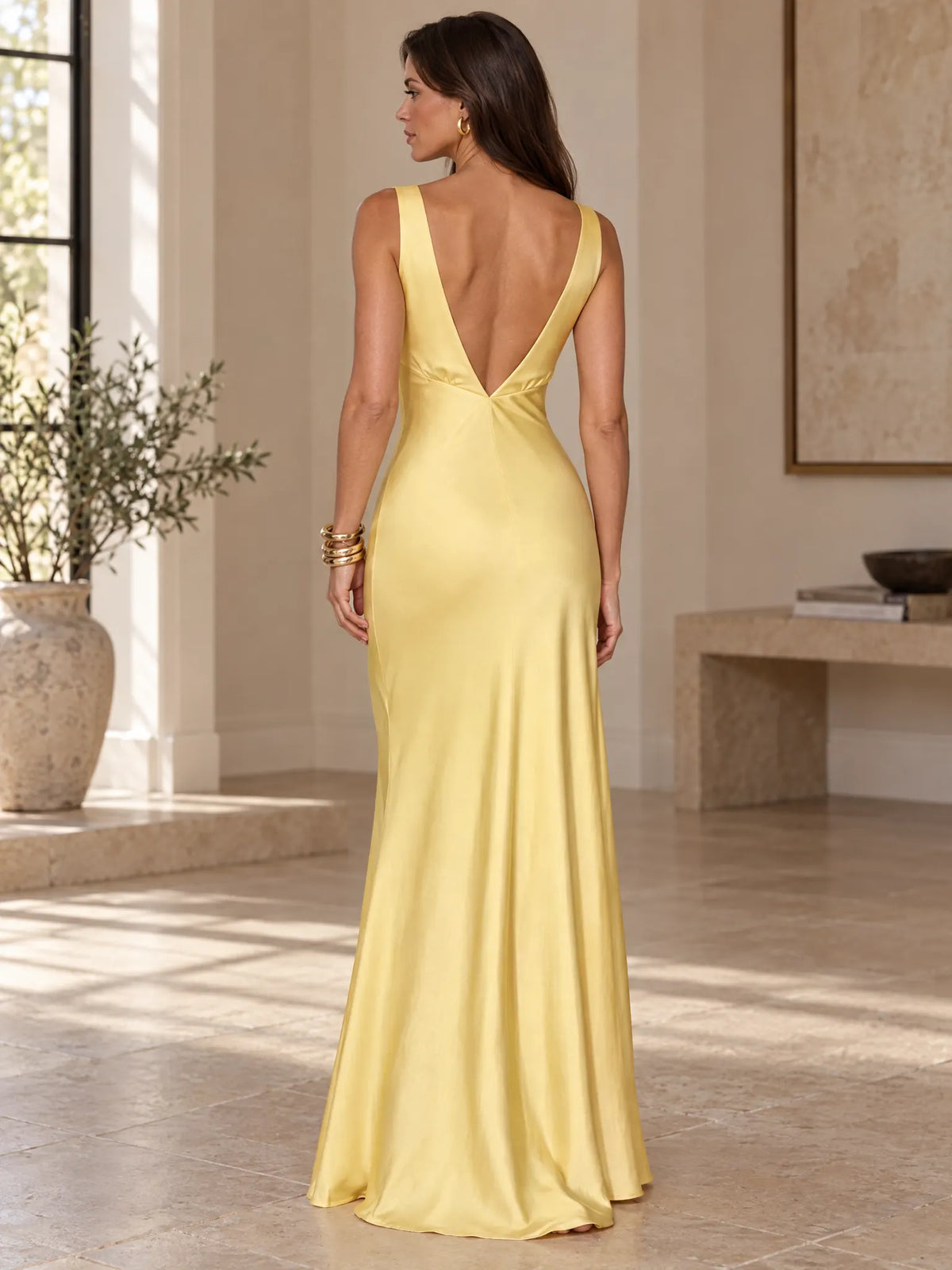Odessa Robe de Soirée Maxi Col en V, Dos Nu pour Femme - Jaune Clair