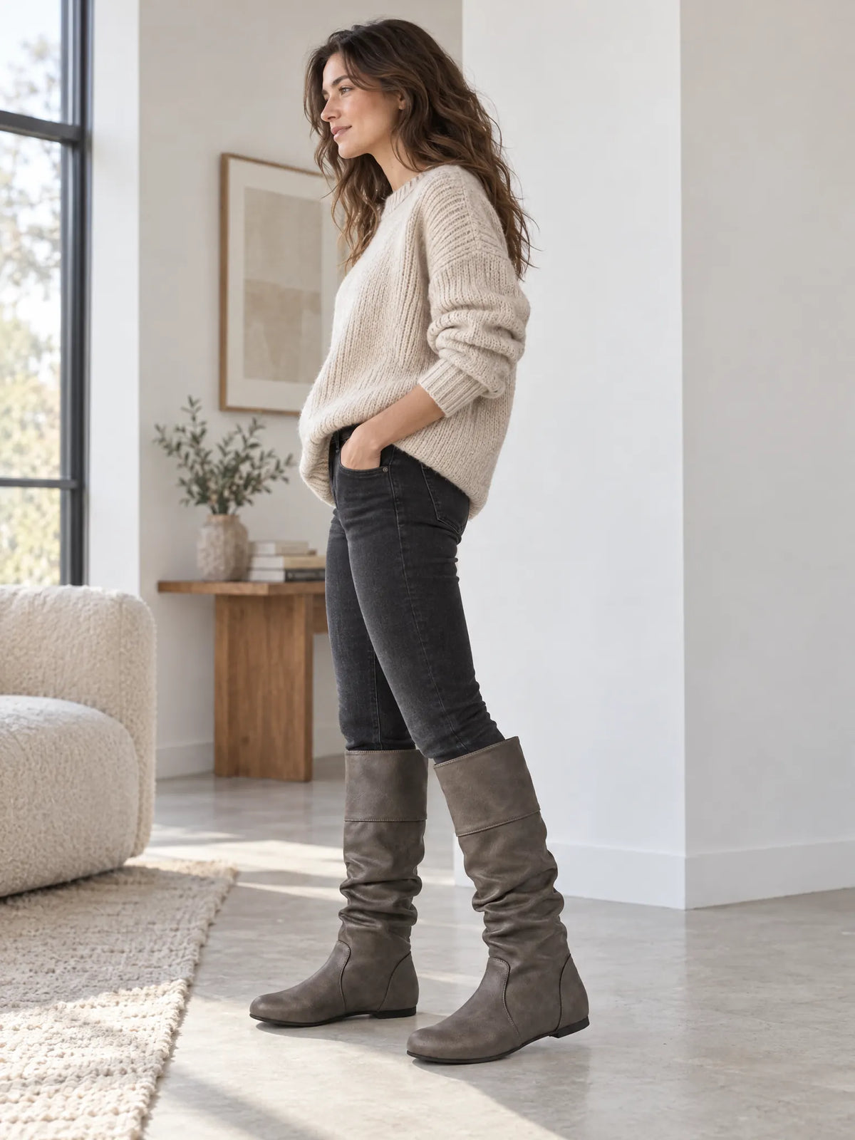 Roussel Bottes Montantes Souples, Tige Froncée, Talon Plat pour Femme - Gris