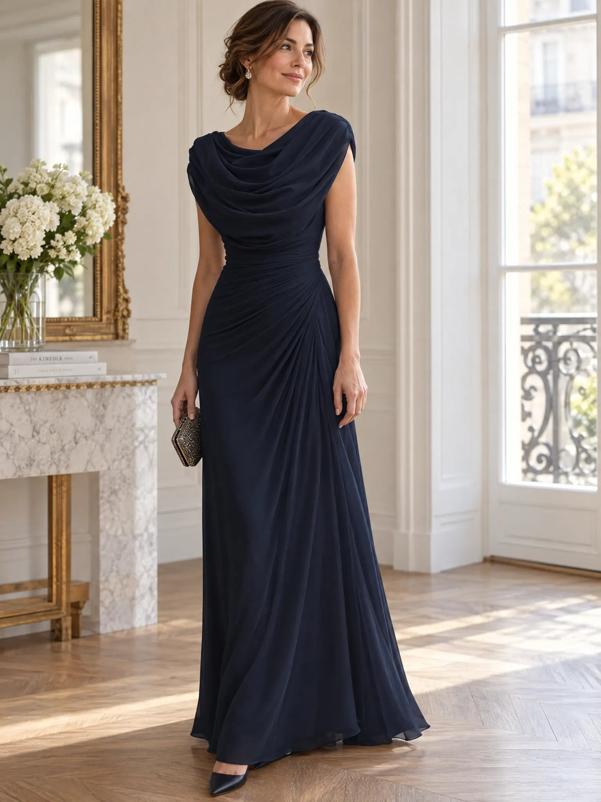 Solange Robe Maxi Drapée à Col Bénitier pour Femme - Bleu Marine