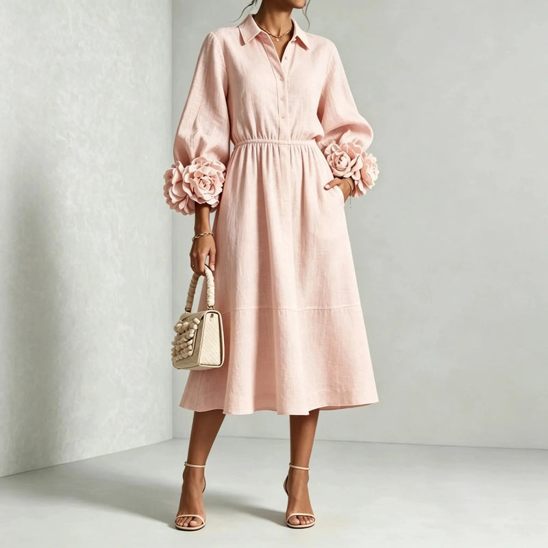 Marielle Robe Midi Fleurie à Manchettes pour Femme - Rose