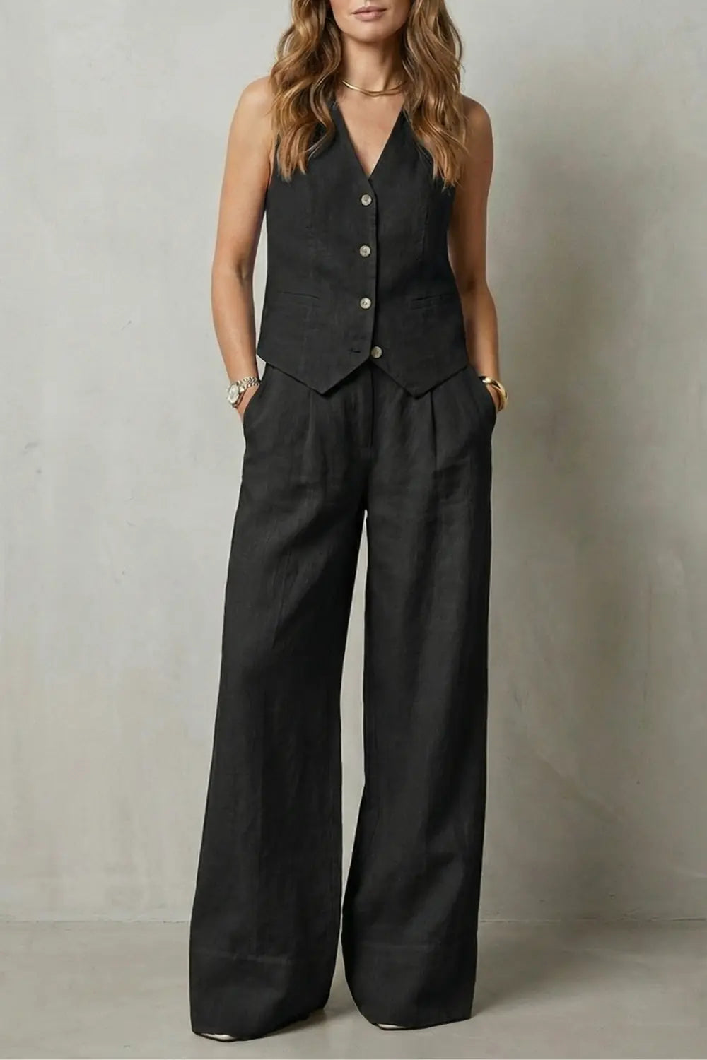 Fiora Ensemble Gilet et Pantalon Large, Col en V, Boutonné Devant, Coupe Ajustée pour Femme - Noir