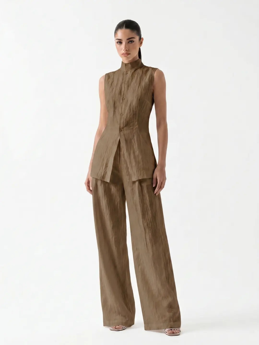 Grace Ensemble Pantalon Large en Lin pour Femme - Kaki