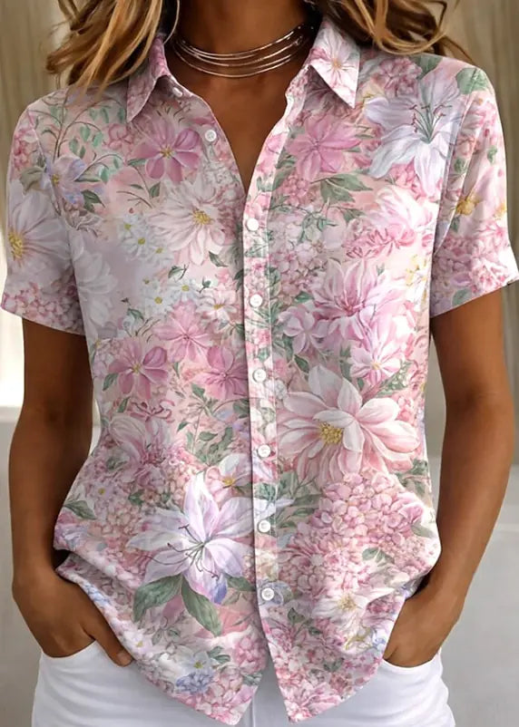 Ravenna Chemise Fleurie Boutonnée, Manches Courtes, Coupe Décontractée, 7 Coloris pour Femme - Rose