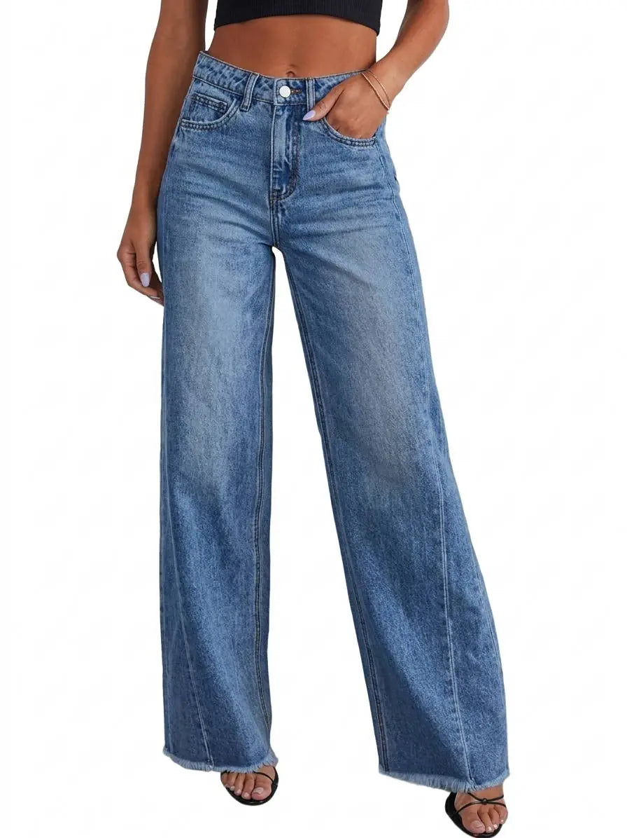 Seraphine Jean Large Taille Haute, Denim Stretch, Coupe Décontractée pour Femme - Bleu