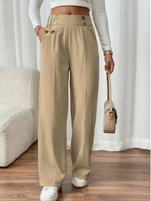 Amalric Pantalon Large Taille Haute, Bouton et Poches Latérales pour Femme - Kaki