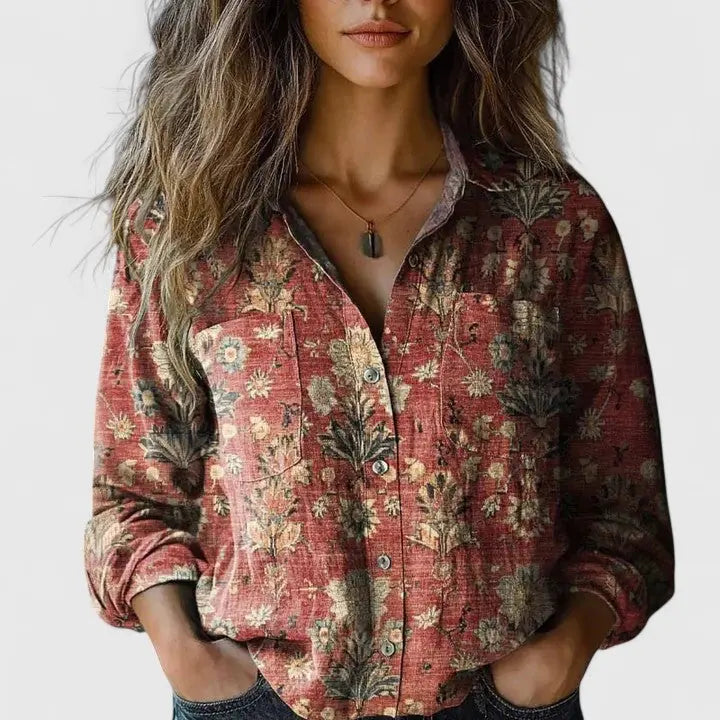 Indie Blouse Boutonnée Bohème, Manches Longues pour Femme - Rouge