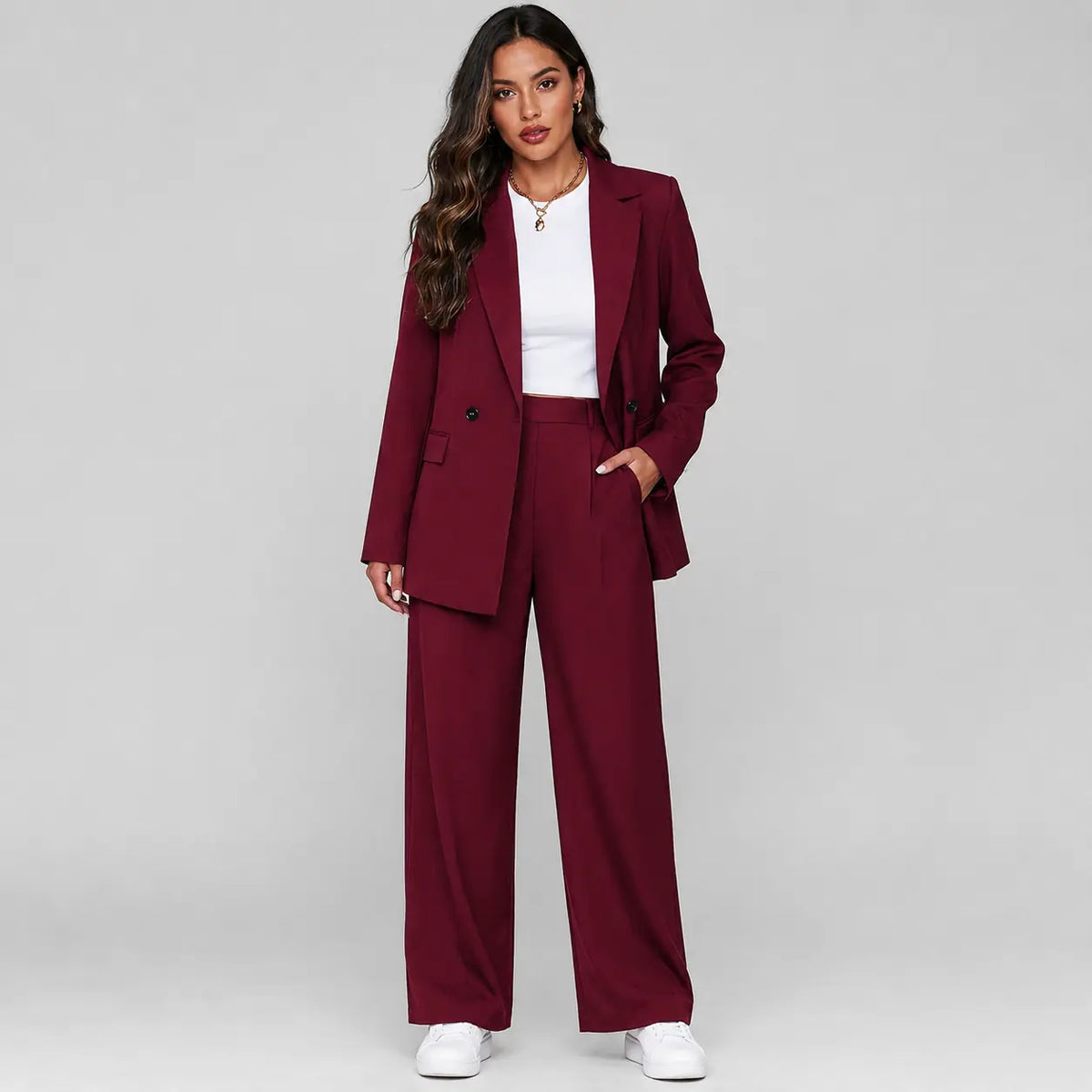 Rosalind Tailleur Blazer Long et Pantalon Large pour Femme - Rouge Foncé