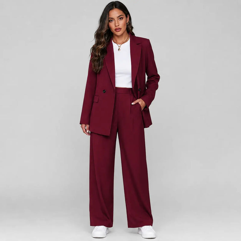 Rosalind Tailleur Blazer Long et Pantalon Large pour Femme - Rouge Foncé