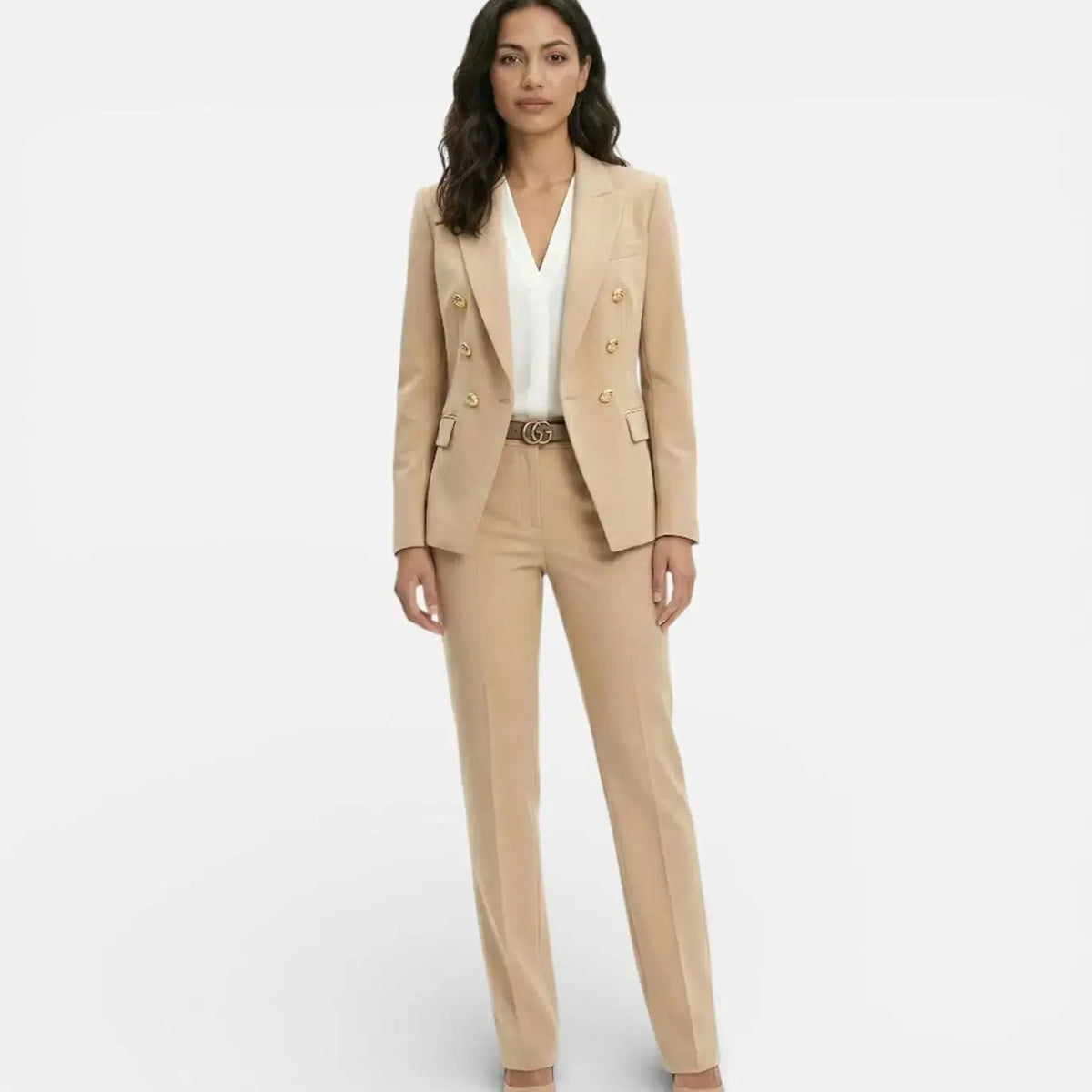 Sabine Tailleur Blazer Croisé à Boutons Dorés et Pantalon pour Femme - Beige