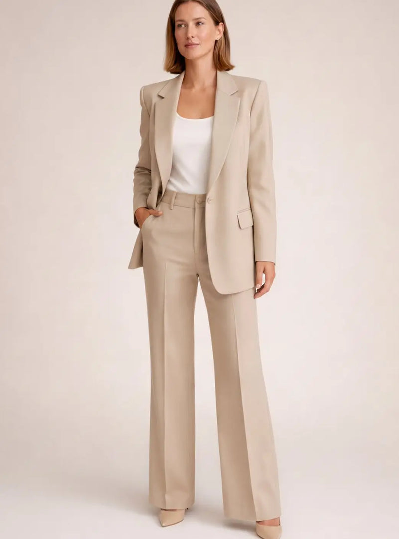 Palma Ensemble Blazer à Bouton Unique et Pantalon Large Évasé pour Femme - Beige