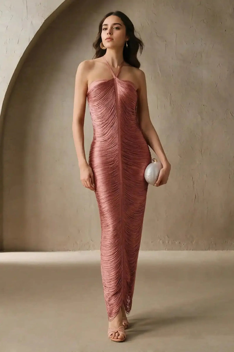 Rose Robe Maxi Dorée Col Halter à Franges pour Femme - Rouge Corail