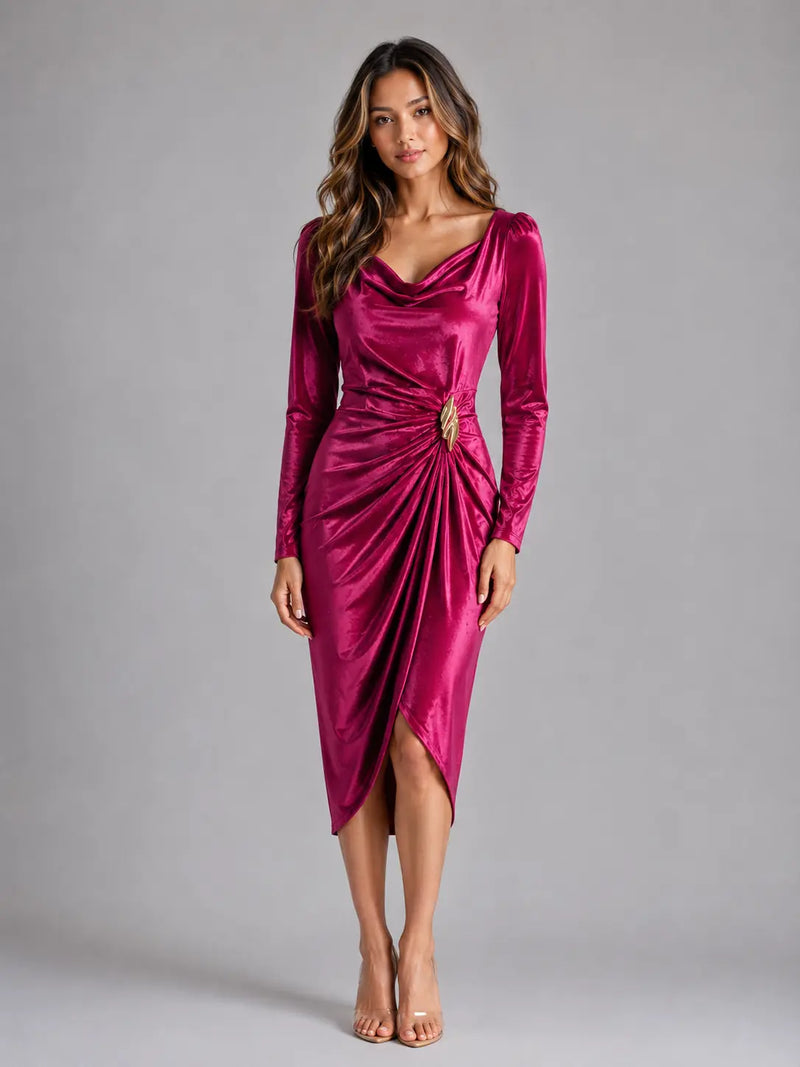 Selene Robe Midi en Velours Drapée, Détail Taille Doré, Manches Longues pour Femme - Rose Baie