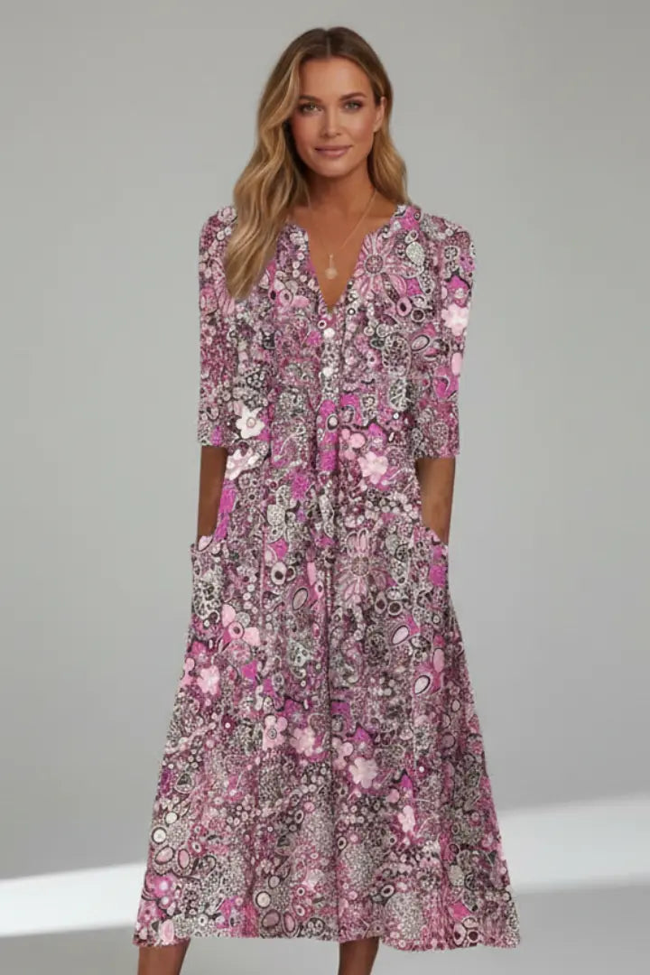 Maren Robe Midi Col en V, Manches Trois-Quarts, Imprimé Intégral pour Femme - Rouge Rosé