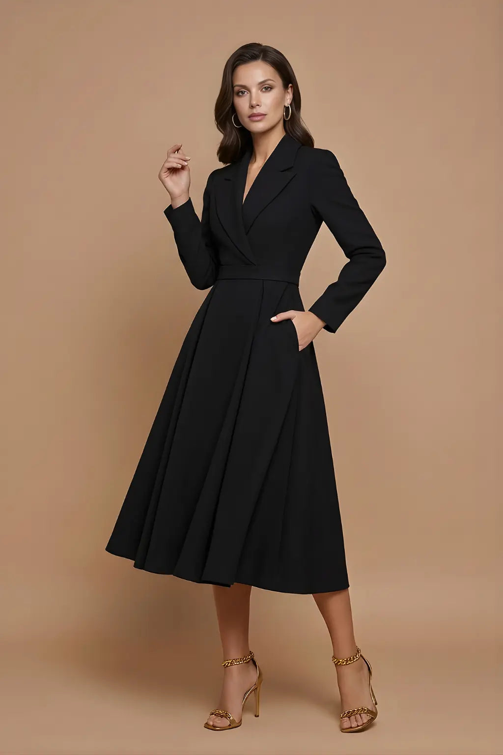 Fiorella Robe Midi Trapèze, Col Cranté, Jupe Plissée Ample pour Femme - Noir