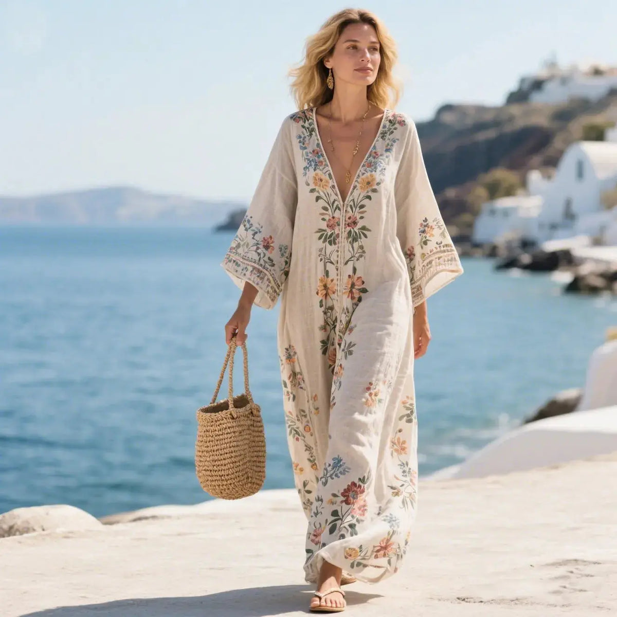 Arden Robe Kaftan à Imprimé Fleuri, Col en V pour Femme - Beige